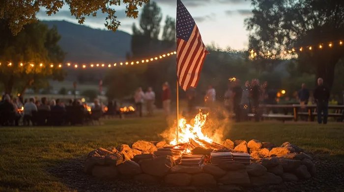 Outdoor American flag retirement ceremony around a contained fire