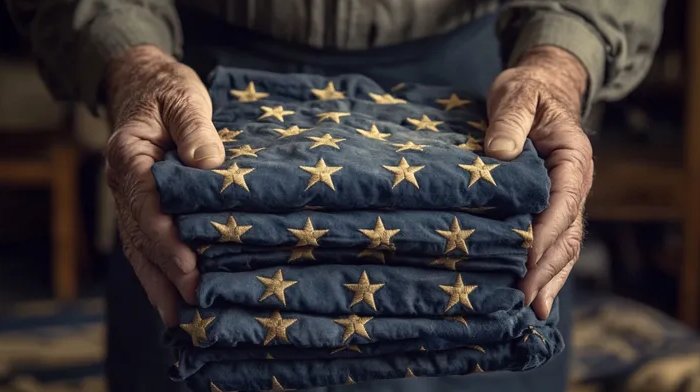 Weathered hands holding folded American flags for retirement