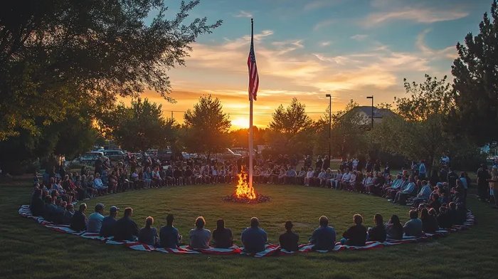Community gathered in a circle for a flag retirement ceremony at dusk